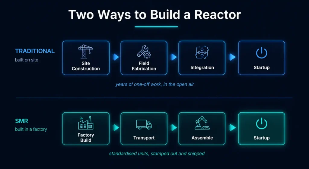 Comparison of traditional on-site nuclear construction versus SMR factory build