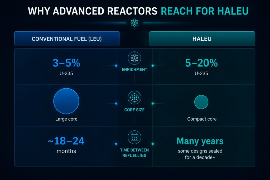 Comparison of conventional LEU reactor fuel and HALEU on enrichment level, core size, and refuelling interval