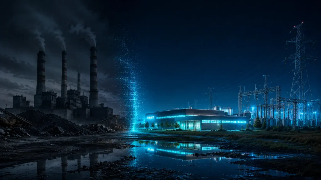 A retiring coal plant beside a new nuclear power plant on the same site, connected to the electrical grid