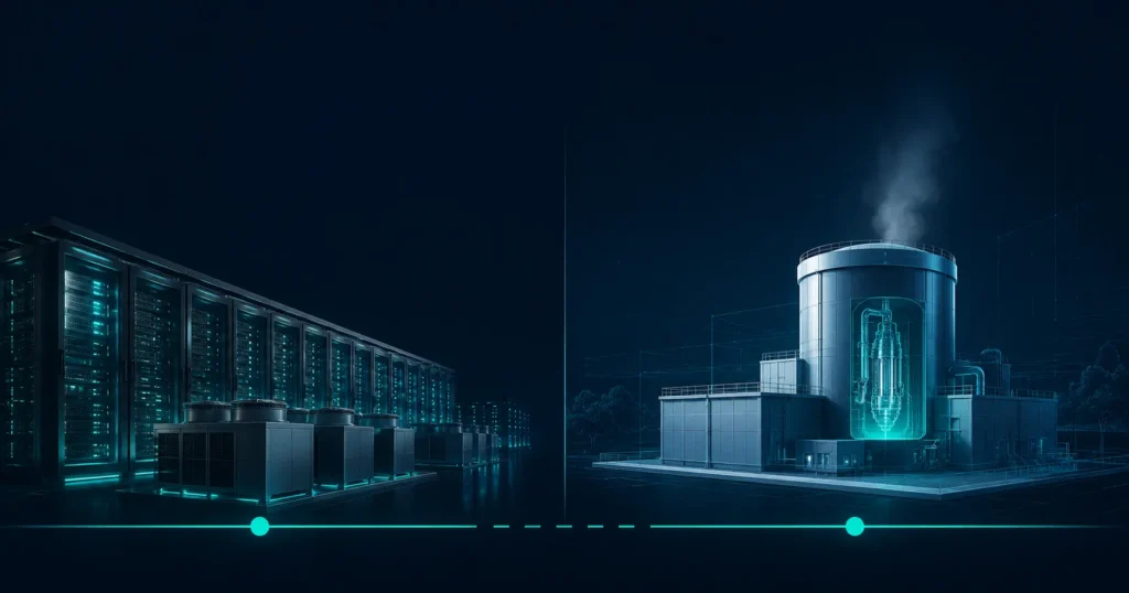 A small modular reactor concept beside a large AI data center, split into a 'now vs. 2030s' timeline