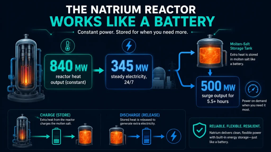 infographic showing Natrium's 840 MW thermal, 345 MW baseload electric, and 500 MW surge output from molten salt storage