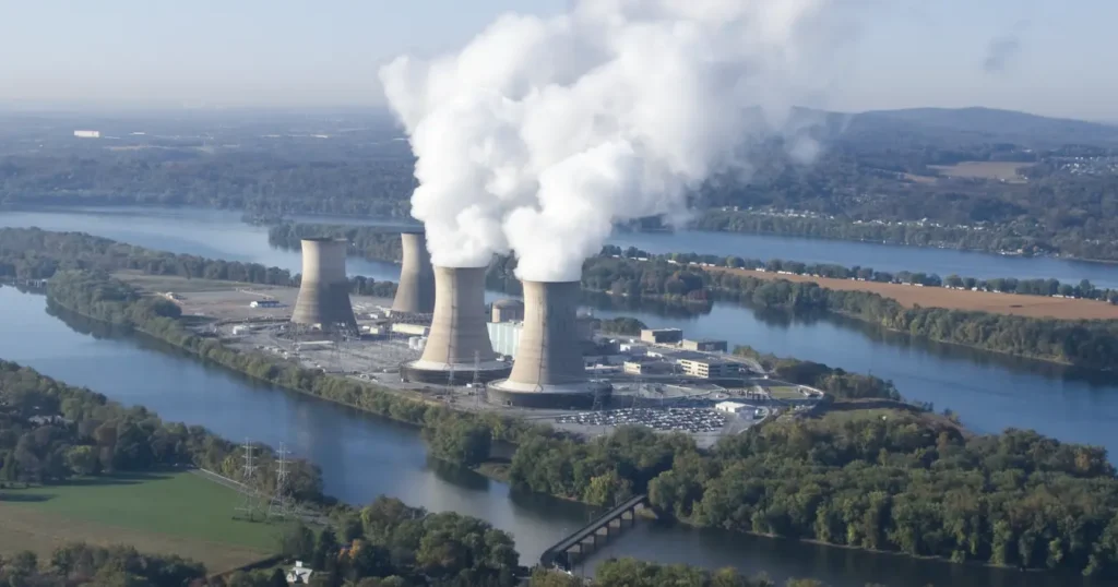 Three Mile Island Unit 1 cooling towers, now the Crane Clean Energy Center, targeted for a 2027 restart