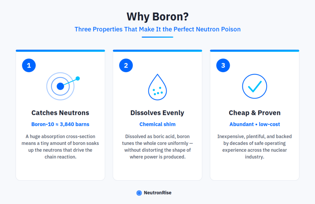 The three properties that make boron an ideal neutron poison: high neutron absorption, even dissolution as chemical shim, and low cost
