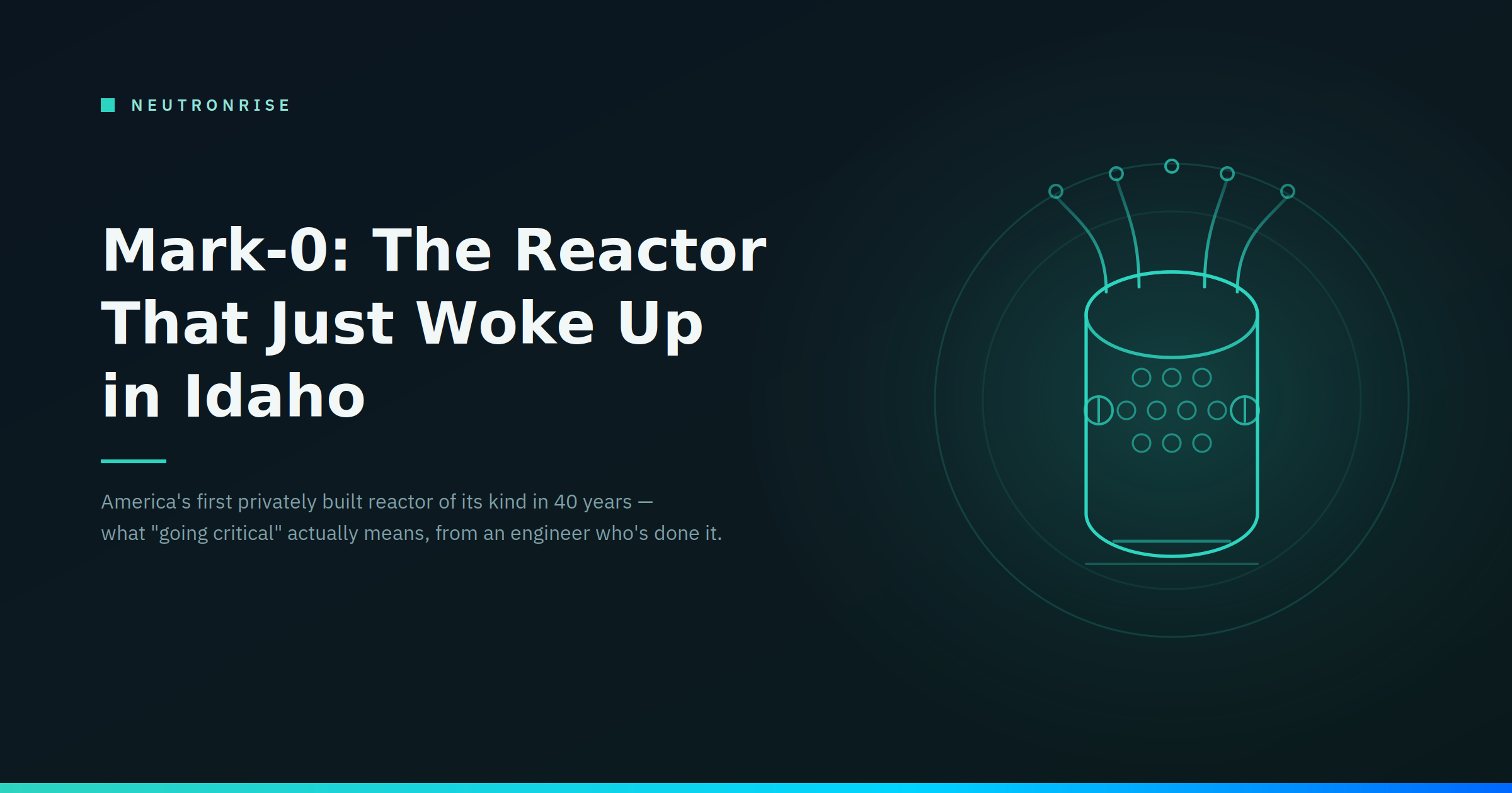 NeutronRise cover: "Mark-0: The Reactor That Just Woke Up in Idaho," with a microreactor and heat pipe illustration