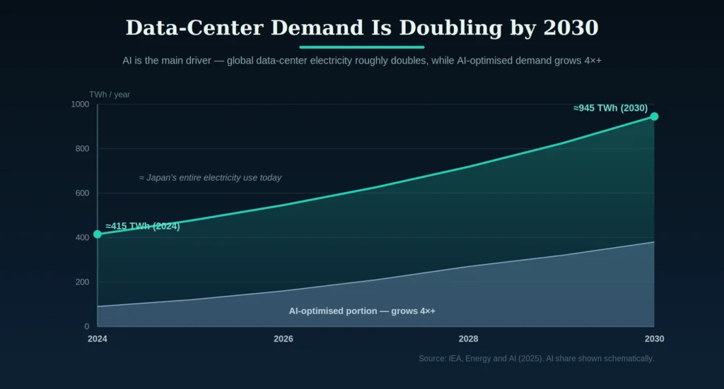 Line chart of global data-center electricity demand rising from about 415 TWh in 2024 to about 945 TWh in 2030, with the AI-driven portion growing more than fourfold.