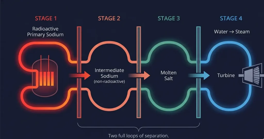 Natrium's four separated loops — radioactive primary sodium, non-radioactive intermediate sodium, molten salt, and water/steam