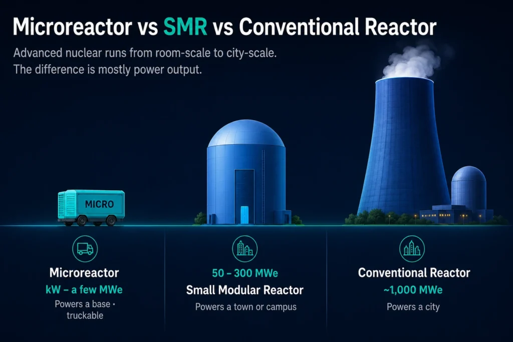 Infographic comparing a conventional 1000 MWe nuclear reactor, a 50 to 300 MWe small modular reactor, and a kilowatt-to-megawatt microreactor by power output.