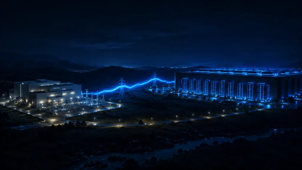 An AI data center powered by a nuclear power plant through the electrical grid