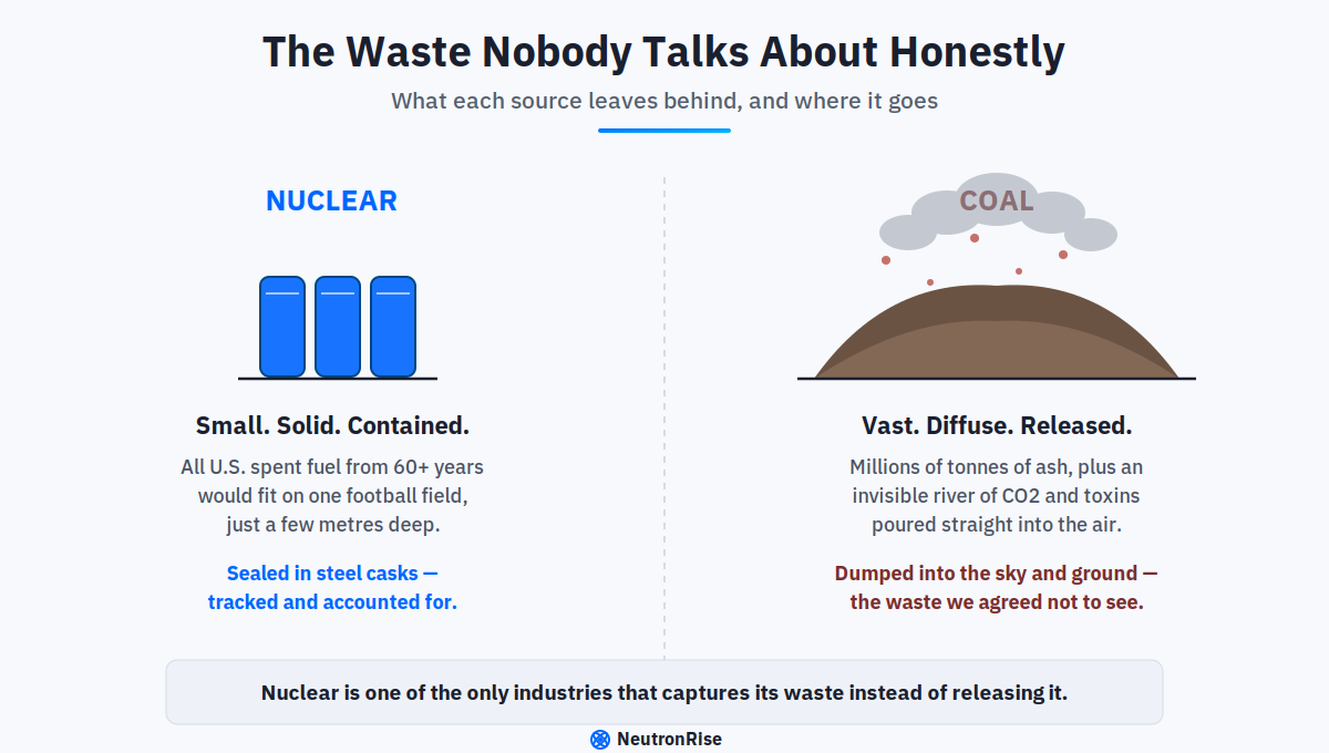 Comparison of nuclear versus coal waste, showing nuclear waste is small, solid and contained in casks while coal releases millions of tonnes of ash and CO2 into the air