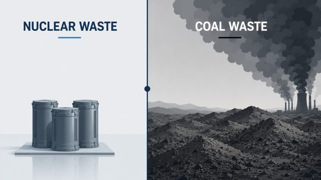 Split comparison of nuclear waste as a small stack of sealed steel casks versus coal waste as vast ash fields and smoke pouring from a coal plant 