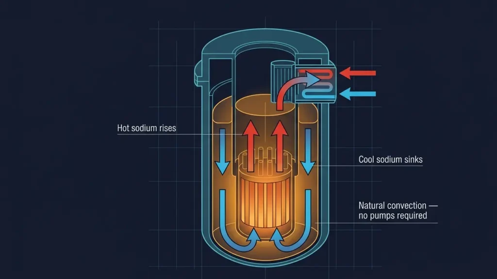 Labeled diagram of a sodium pool reactor showing the core and heat exchanger in a liquid sodium pool with a passive convection cooling loop
