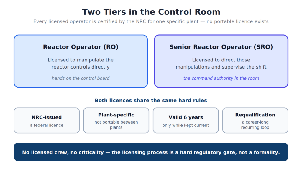 Diagram comparing Reactor Operator and Senior Reactor Operator licences, both NRC-issued, plant-specific, valid six years, and requiring career-long requalification.
