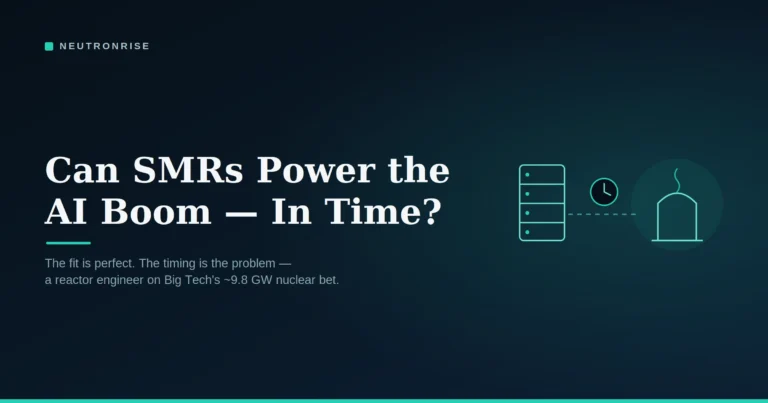 NeutronRise feature image — Can SMRs power the AI boom in time? Data center, a timing gap, and a small modular reactor.