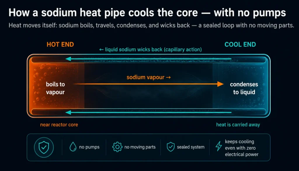 Diagram of a sodium heat pipe cooling a microreactor core, showing sodium vaporizing at the hot end, condensing at the cool end, and returning by capillary action with no pumps.