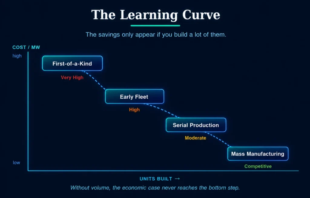 SMR learning curve showing cost per megawatt falling as production scales