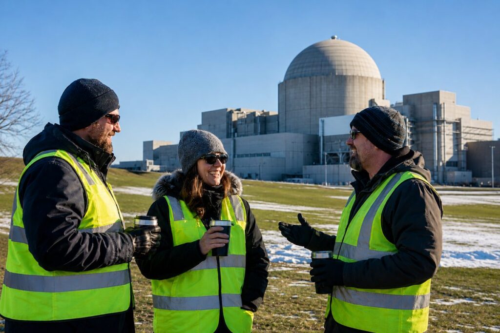 Nuclear plant workers in hi-vis jackets chatting with hot drinks on a cold morning, with the reactor dome in the background 