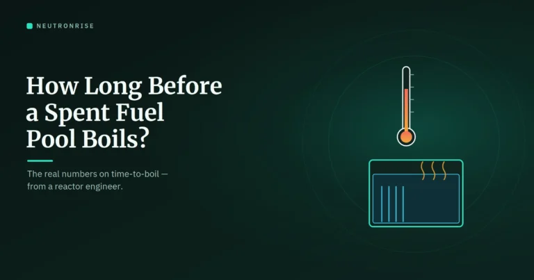 Illustration for a reactor engineer's guide to spent fuel pool time-to-boil, showing a thermometer beside a spent fuel pool with heat rising from submerged fuel racks.