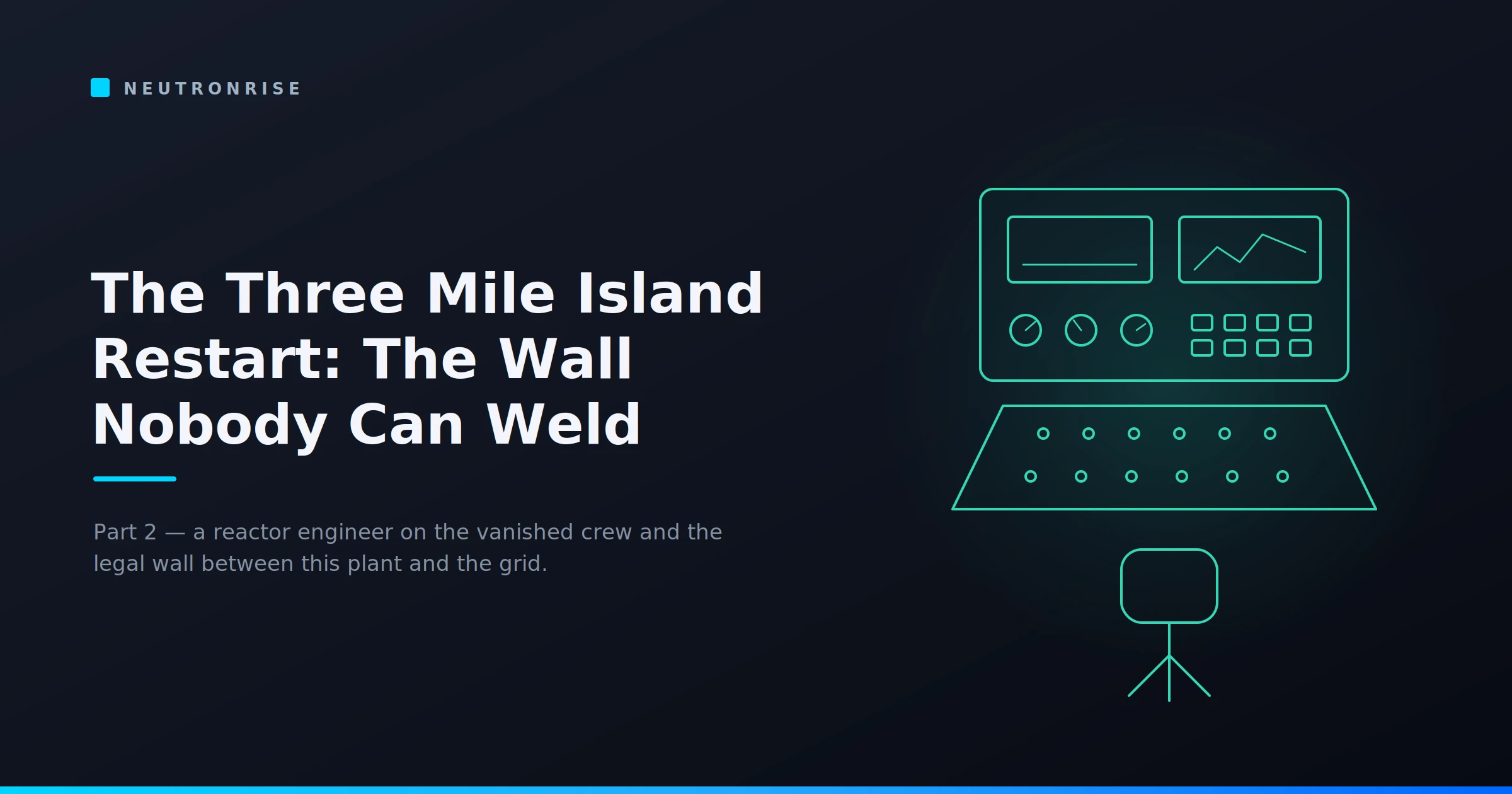 The Three Mile Island Restart: The Wall Nobody Can Weld," Part 2, with a reactor control-room console in teal line art.