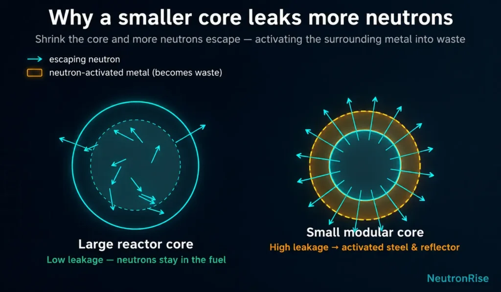 Diagram contrasting a large reactor core with a small modular reactor core, showing more neutrons escaping the smaller core and activating the surrounding steel reflector