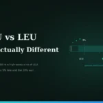 Feature image for the article HALEU vs LEU: What's Actually Different — dark teal background with a glowing uranium enrichment scale illustration showing the 5% and 20% lines, with HALEU highlighted as a subset of LEU. NeutronRise by Elliot Marsh.