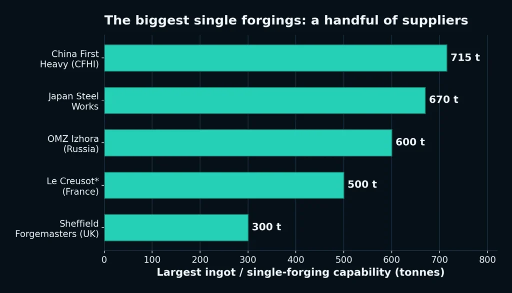 Bar chart of the largest single-forging capability by supplier: China First Heavy 715 tonnes, Japan Steel Works 670 tonnes, OMZ Izhora 600 tonnes, Le Creusot 500 tonnes as a one-piece component, and Sheffield Forgemasters 300 tonnes.