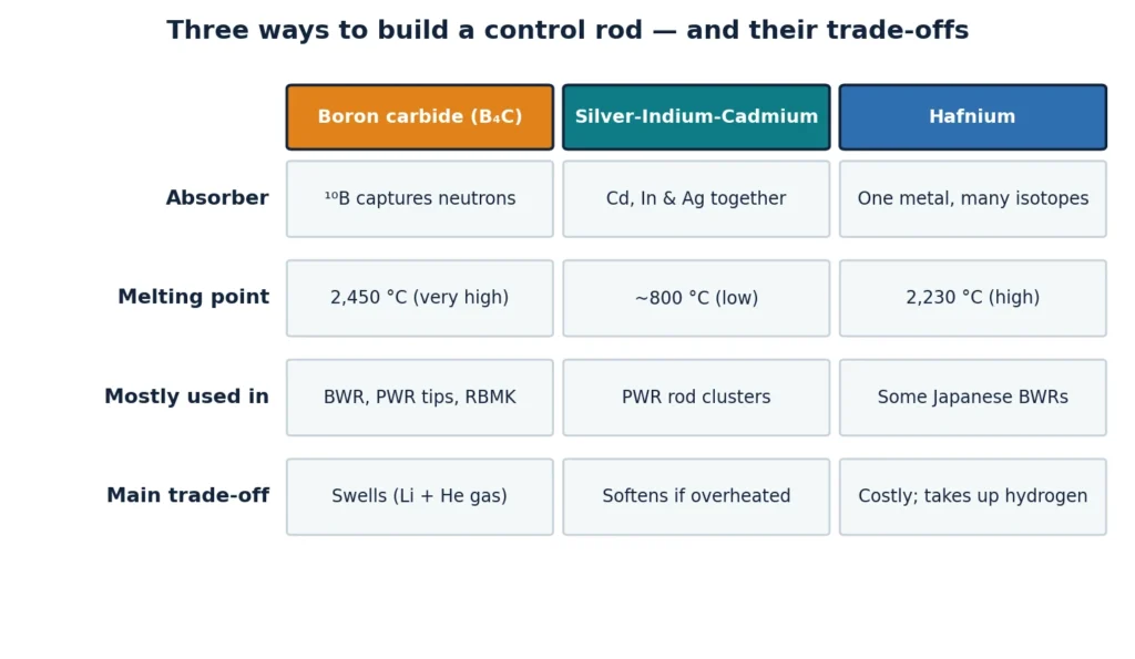 Comparison table of three control-rod materials. Boron carbide: absorber is boron-10, melts at 2,450 C, used in BWR blades, PWR rod tips and RBMK rods, main trade-off is swelling from lithium and helium gas. Silver-indium-cadmium: cadmium, indium and silver absorb together, melts around 800 C, used in PWR rod clusters, softens if overheated. Hafnium: one metal with many absorbing isotopes, melts at 2,230 C, used in some Japanese BWRs, costly and takes up hydrogen.