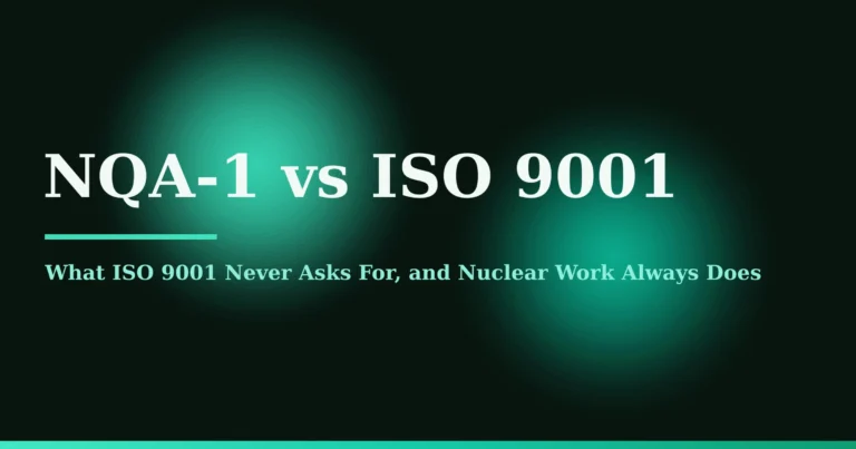 NQA-1 versus ISO 9001 cover graphic: a voluntary quality standard beside a nuclear-safety QA standard