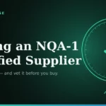 Dark NeutronRise graphic titled “Vetting an NQA-1 Certified Supplier,” with a certification seal, checkmark, and magnifier icon.
